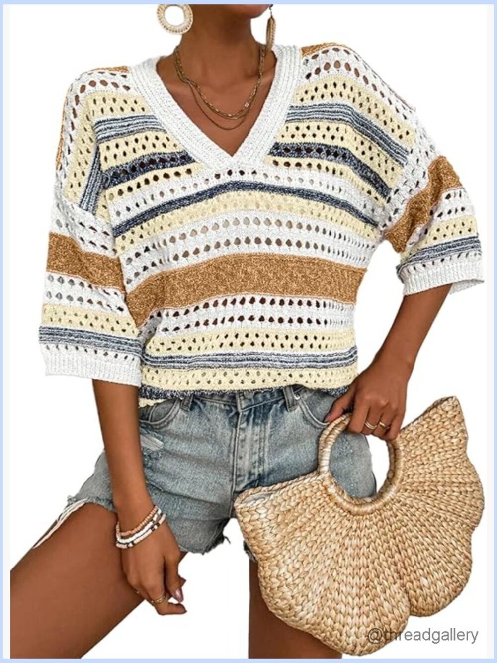 Short Sleeve Crochet Knit Striped Sweater - Beach Vacation Cruise Top